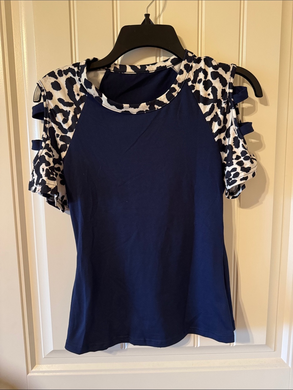 SHEIN Navy Cold-Shoulder Tee with White & Black Leopard Trim